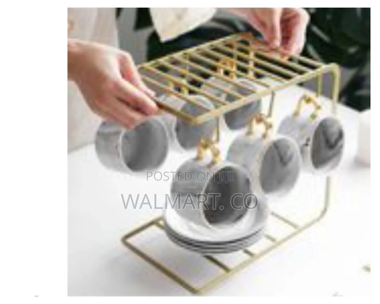 6 Tea Coffee Cups and Saucer Stand Rack Organizer-Gold