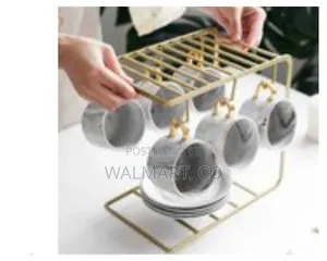 6 Tea Coffee Cups and Saucer Stand Rack Organizer-Gold