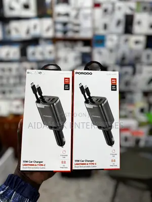 Porodo 111w Car Charger With Lightning Type-C Retractable Cables