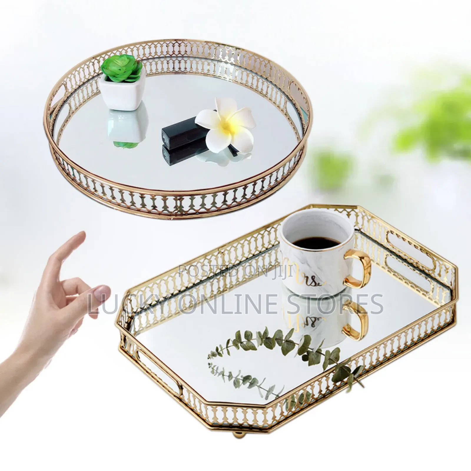 Metal Octagon/Round Mirror Glass Serving Tray