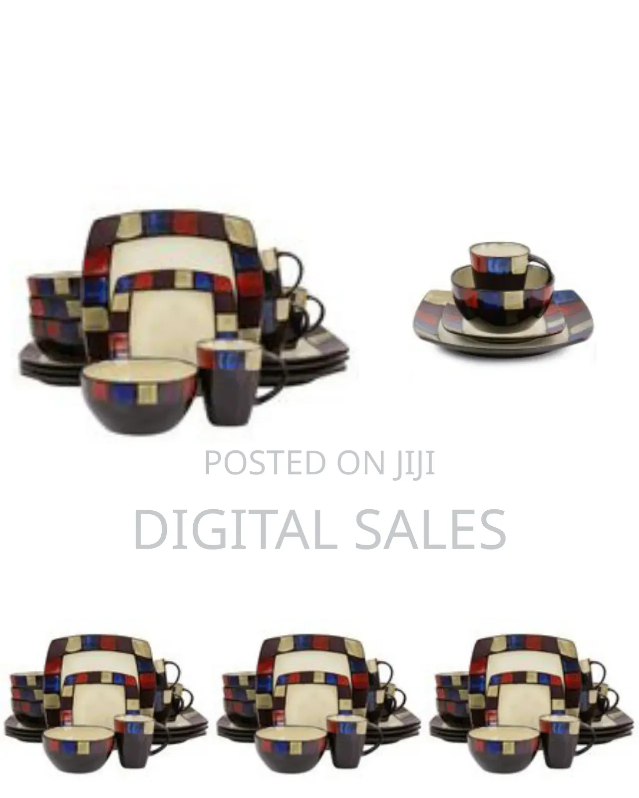24 Pieces of Checked Square Plates Cups Sideplates Bowls Dinnerware