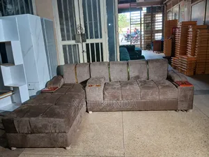 Brown L Sofa With Golden Stripes