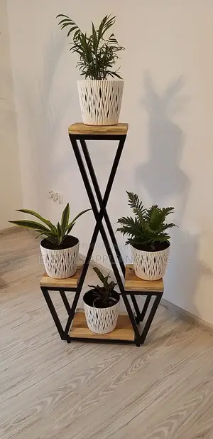 Modern Metal Wood Multi-Tiered Plant Stand.