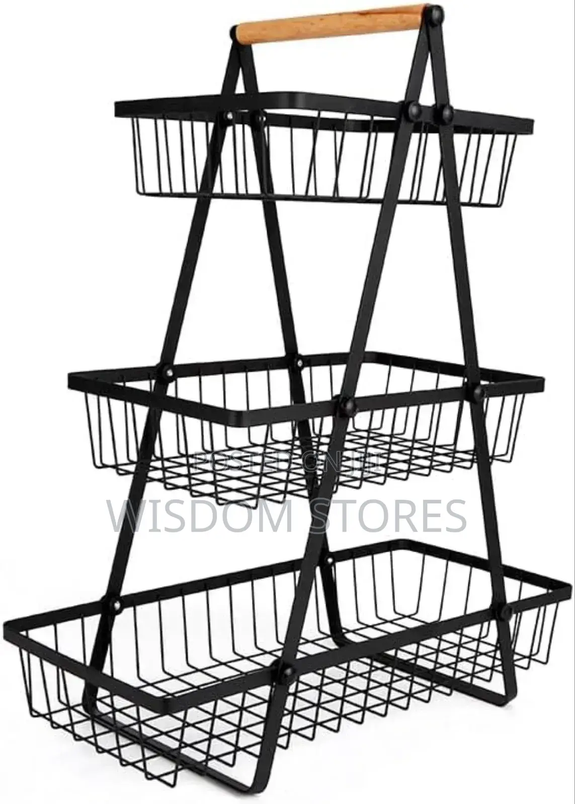 3-tier Counter Storage Basket, Wire And Wood Design, 47.5 X 40 X 18 Cm