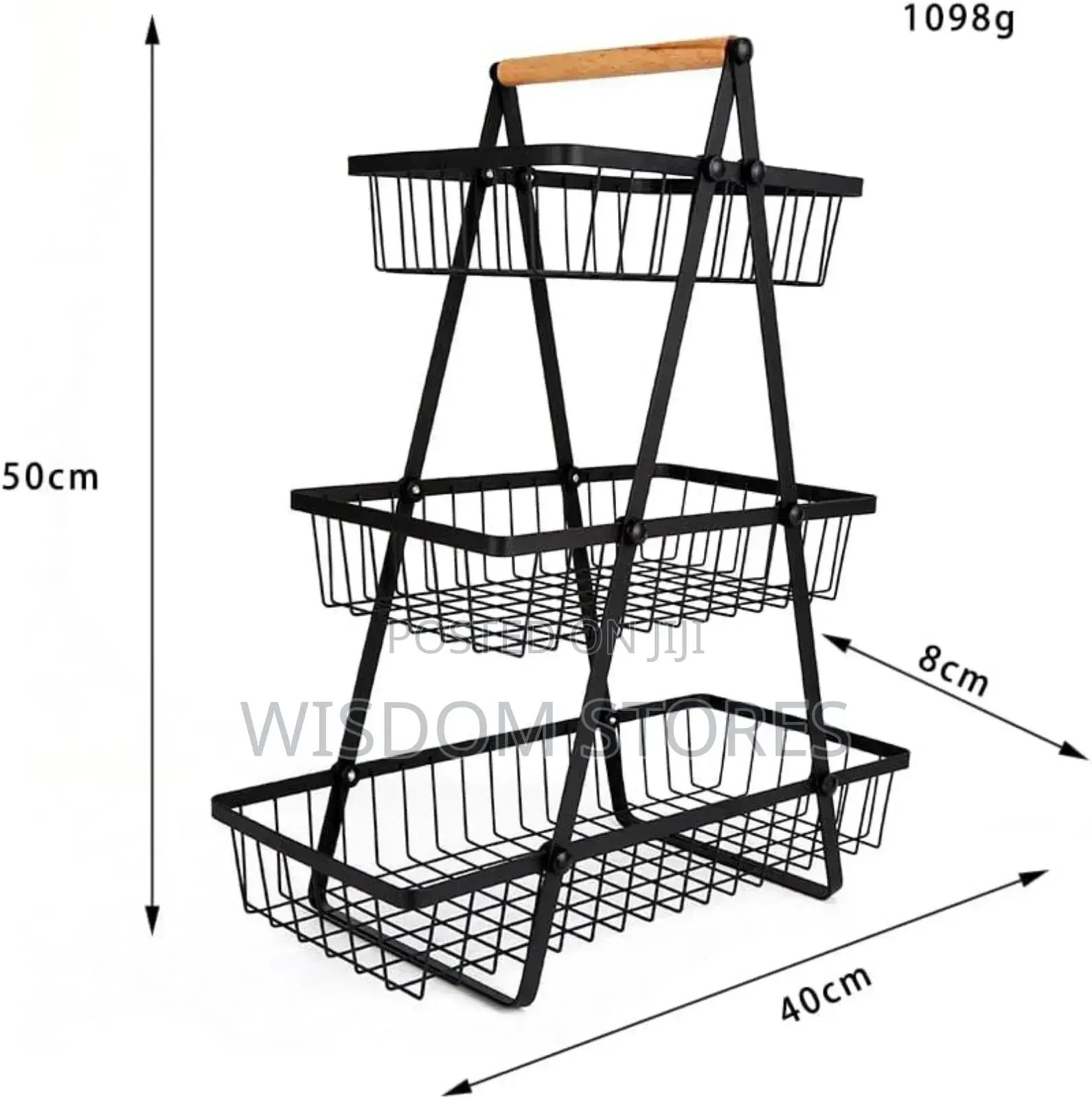 3-tier Counter Storage Basket, Wire And Wood Design, 47.5 X 40 X 18 Cm