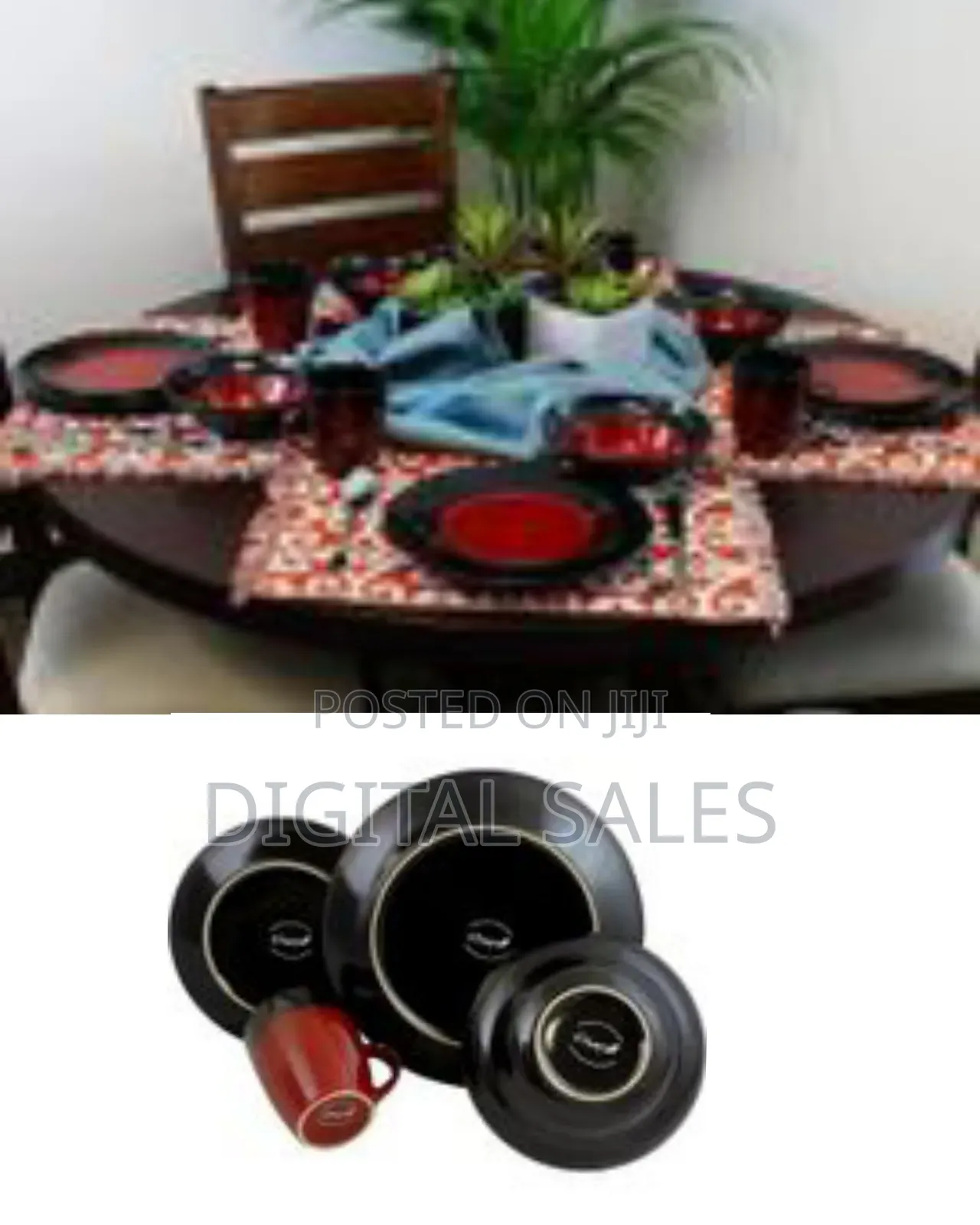 24 Piece Porcelain Two-Toned Bright Red Black Chip Resistant