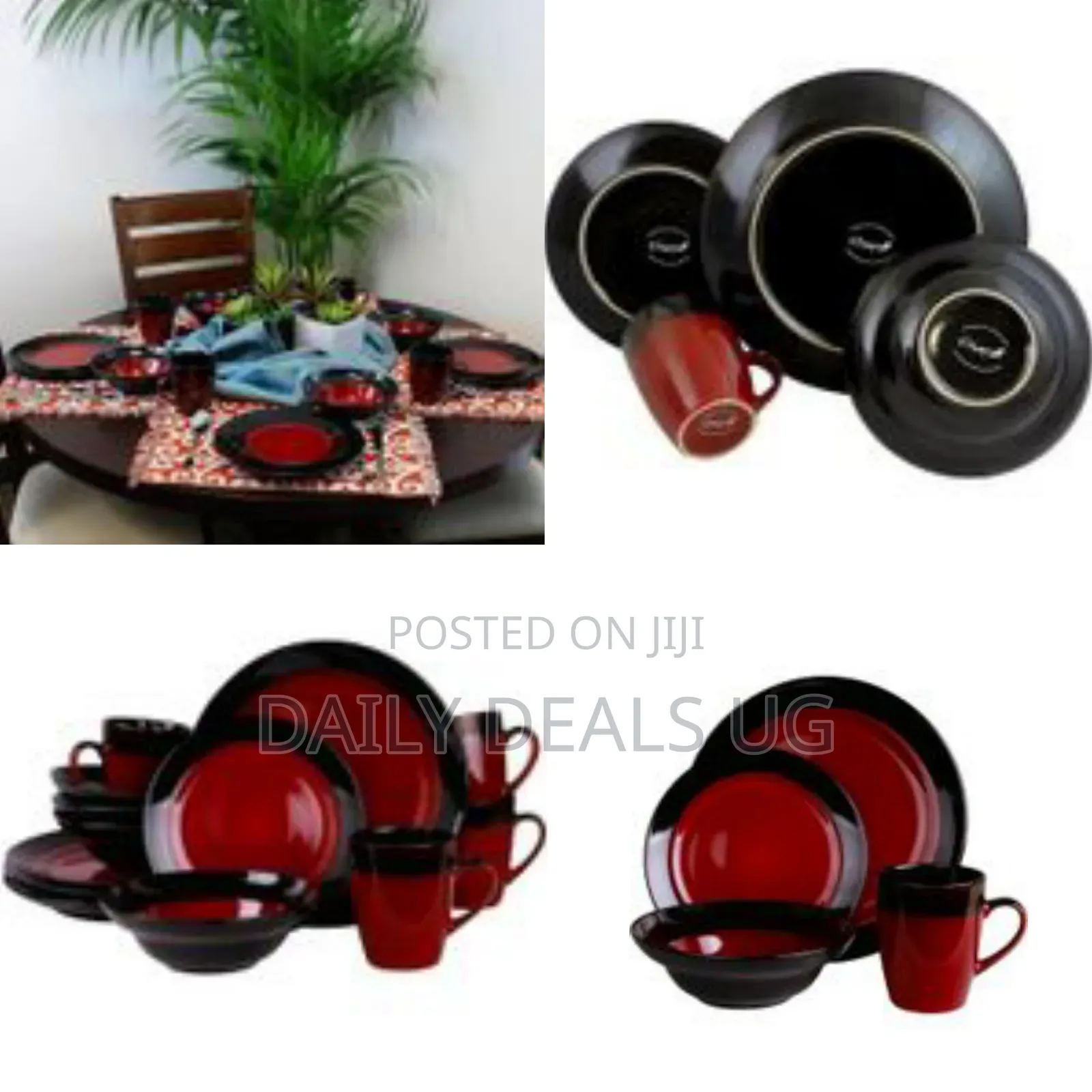 24 Piece Porcelain Two-Toned Bright Red Black Chip Resistant Dinner