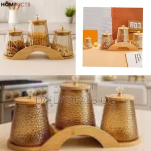 Round Airtight Glass Storage Jar Canister Set With Bamboo Wooden Tray