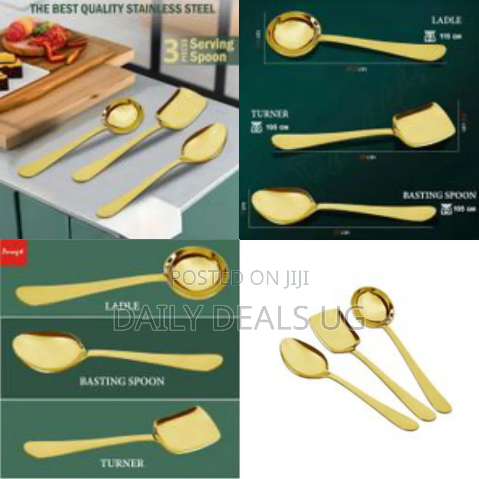 3 Pieces Stainless Steel Golden Serving Spoons Set for Dining Table
