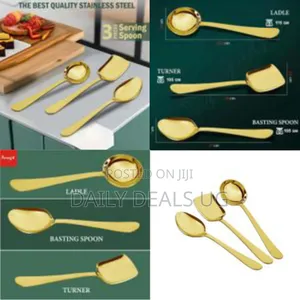 3 Pieces Stainless Steel Golden Serving Spoons Set for Dining Table