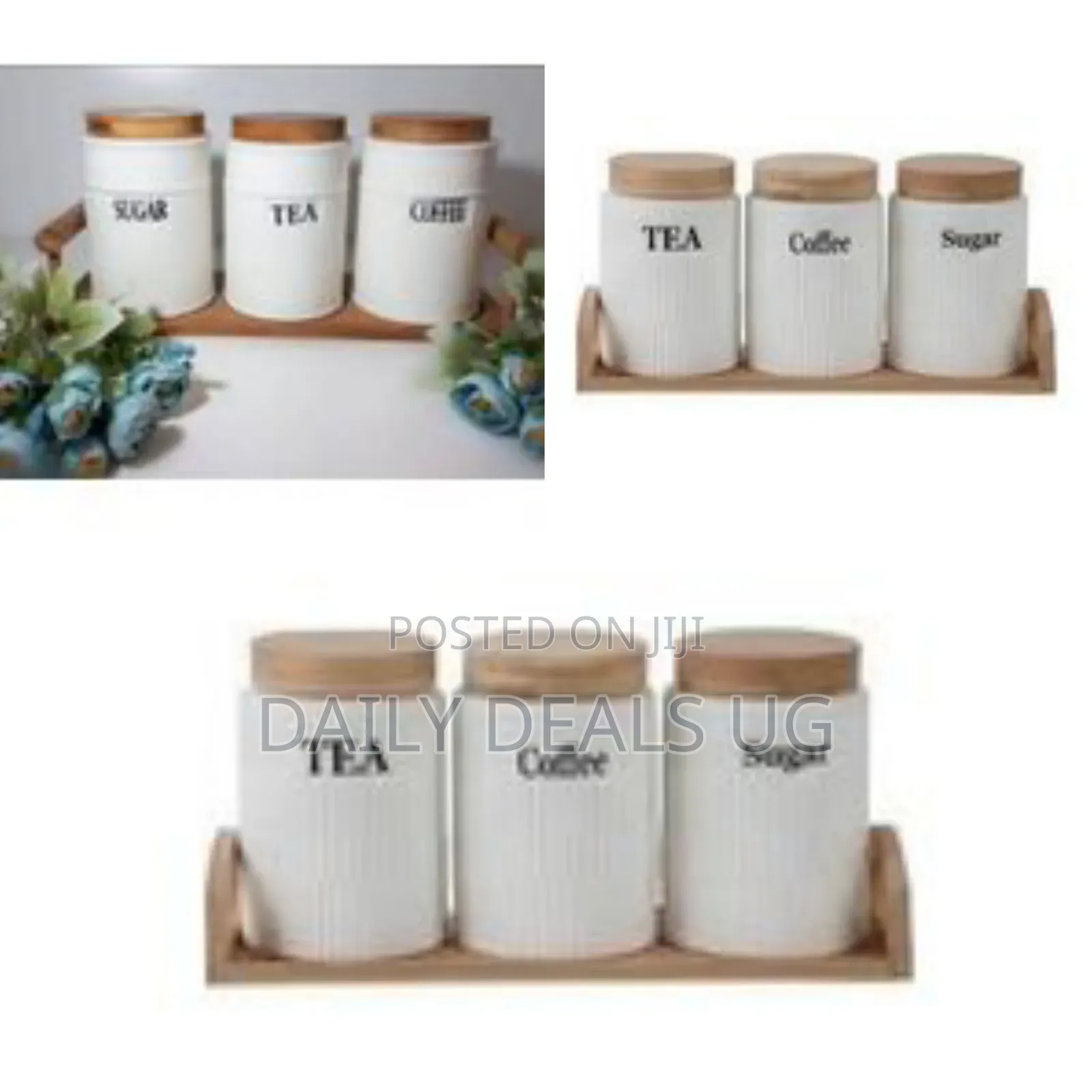 Set of 3 Ceramic Canisters Set for Sugar Coffee Tea