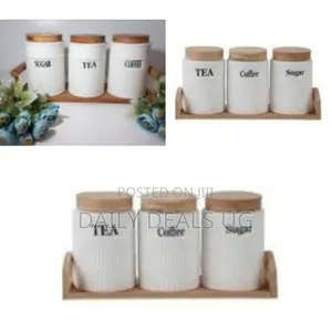 Set of 3 Ceramic Canisters Set for Sugar Coffee Tea