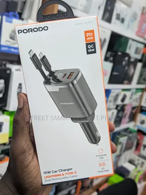 Porodo 111watts Car Charger Dual Lightening and Type C Retractable