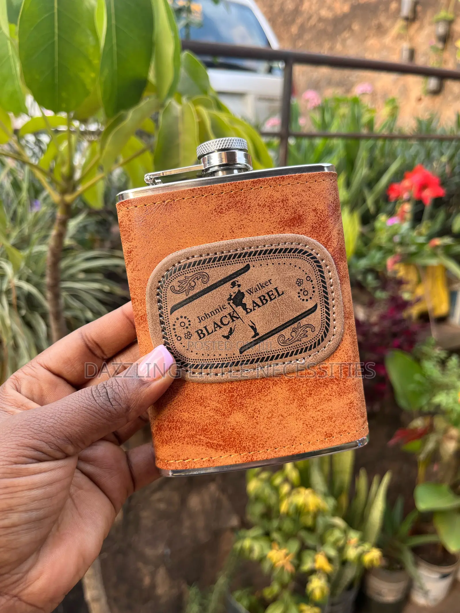 Black Label Leather Hip Flask (Stainless Steel)