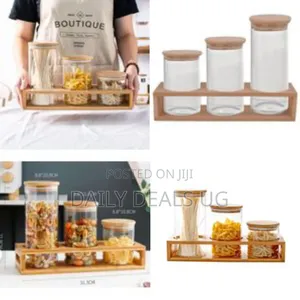 3 Pieces of Glass Sealed Jar With Bamboo Wood Storage Bracket and Lid