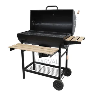 Black Metal Charcoal Grill and Smoker With Wooden Side Tables.
