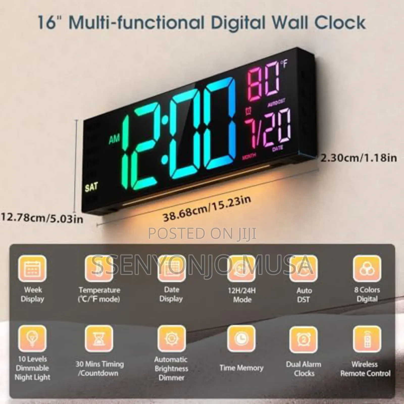 16′′ Large Digital Wall Clock With Remote Control RGB Display