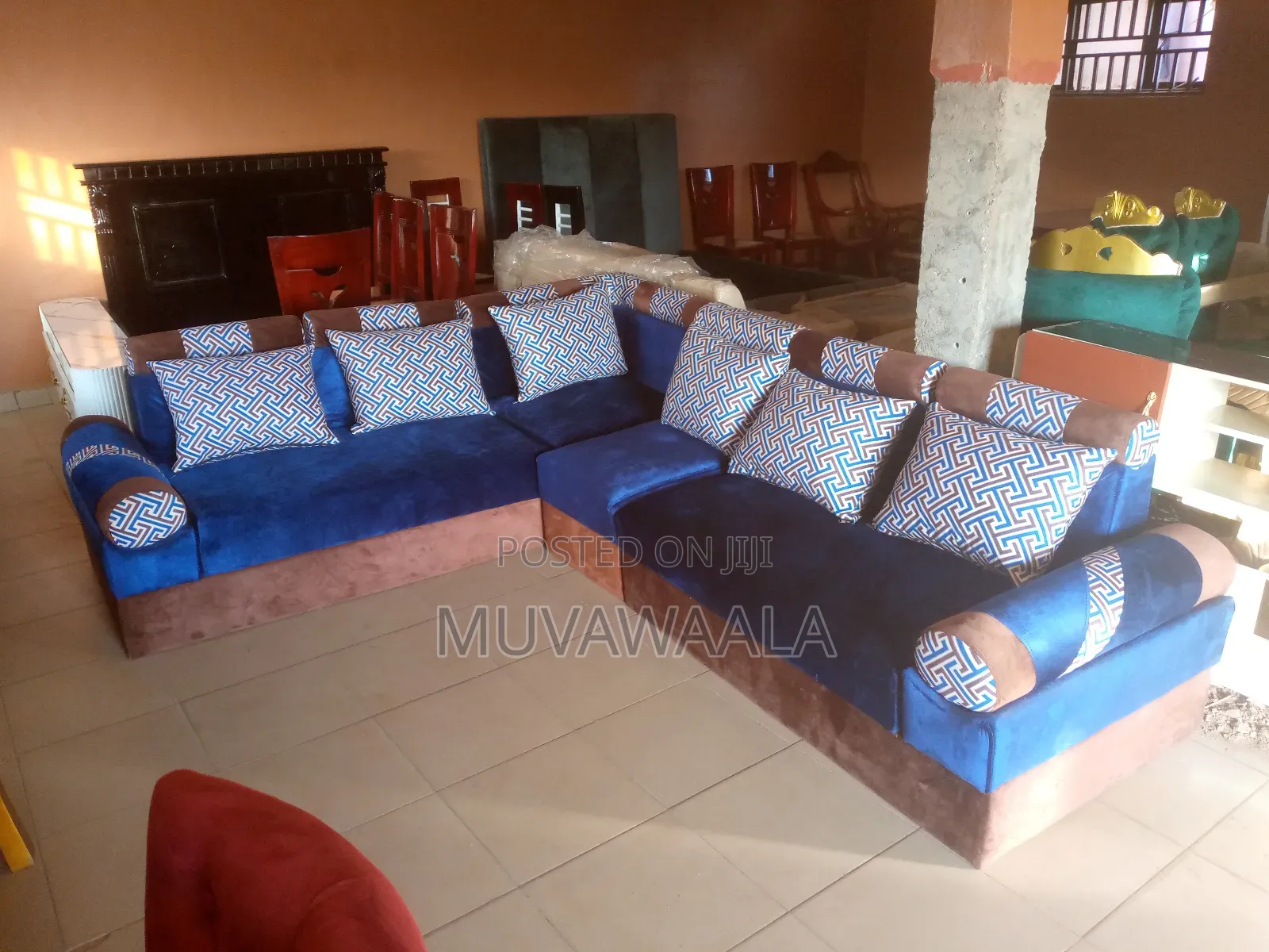 Blue L Sofa Set