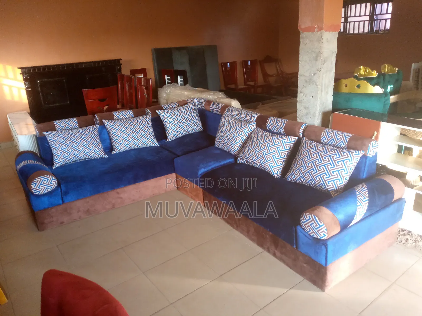 Blue L Sofa Set