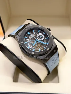 Sky Blue Leather Strapped Hublot Automatic Wrist Time Piece at Discount