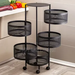 5 Layer Vast Round Layered Shelf Storage Rack Kitchen Trolley- Black