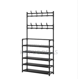 5 Layers Shoe Rack With Coat Hangers - Black ( Not Assembled)