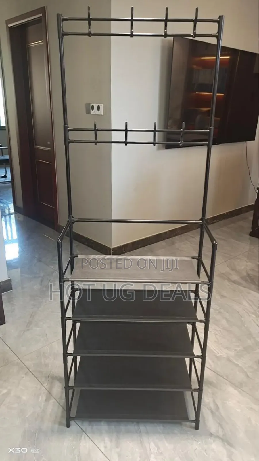 5 Layers Shoe Rack With Coat Hangers - Black ( Not Assembled)
