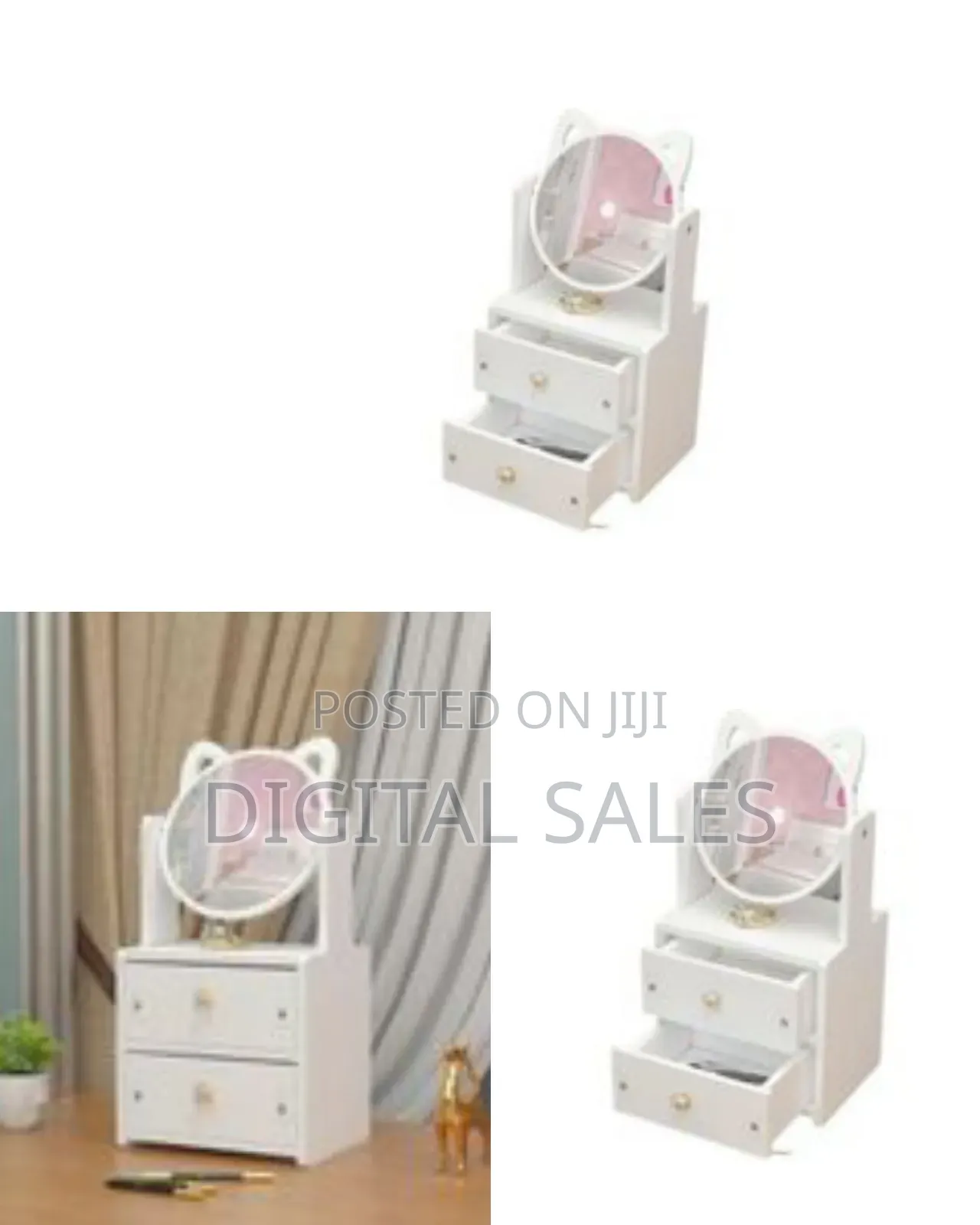 Cat-Eared Cosmetic Organizer With Mirror and Drawer