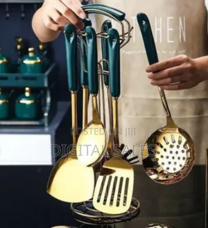 Luxury Gold-Plated Kitchen Utensil Set With Dark Green Ceramic Handle