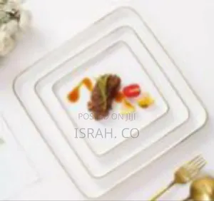 Elegant Square White Ceramic Dinner Plates With Gold Rim