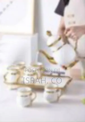 Elegant Ceramic Tea Set (Teapot and Four Cups) With Gold-Tone Tray