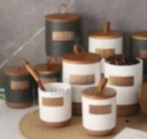Ceramic Kitchen Canister and Spice Jar Set With Wooden Stand