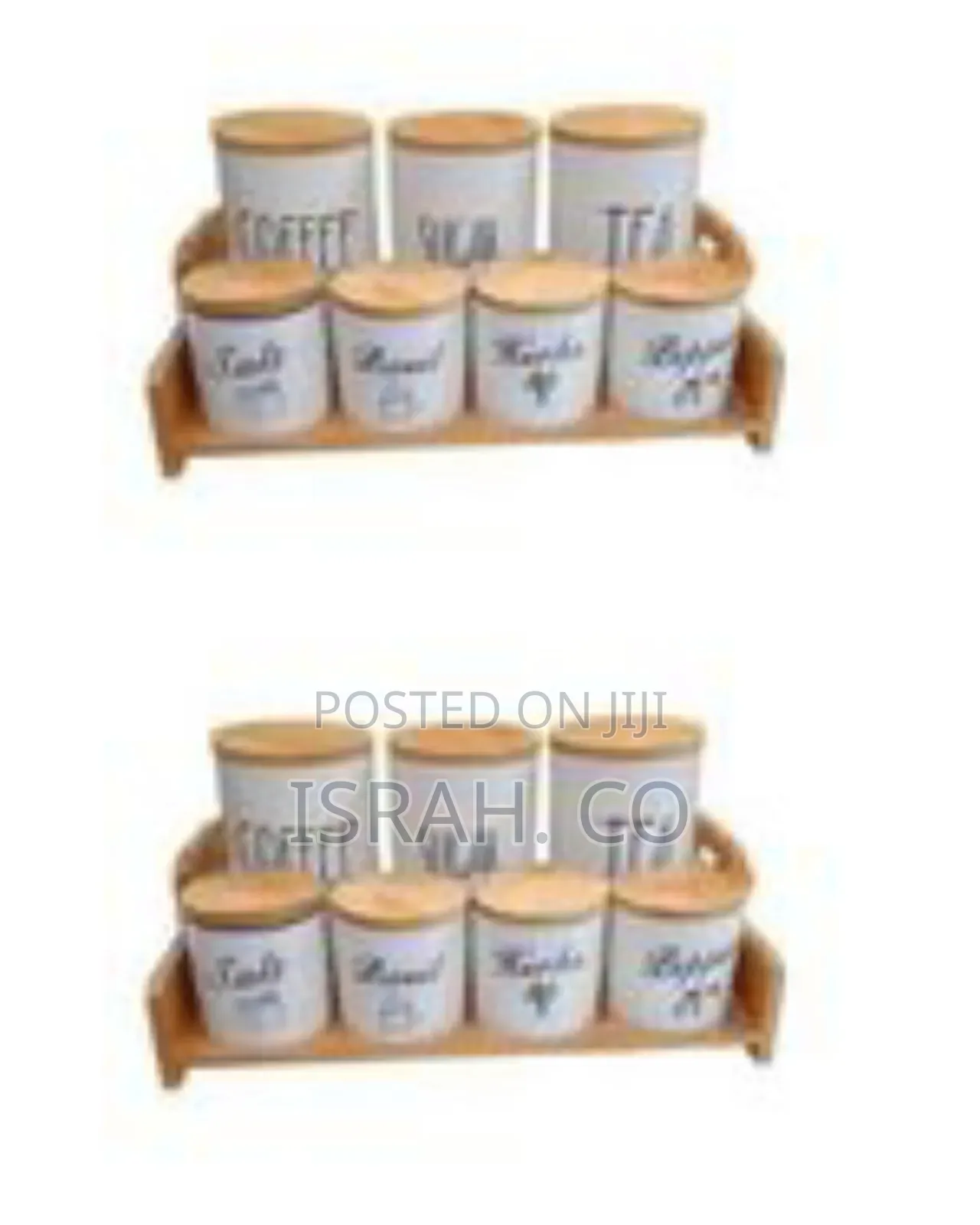 Ceramic Kitchen Canister Set With Wooden Lids and Serving Tray
