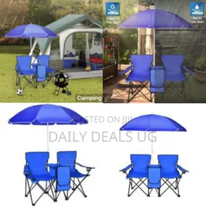 Portable Double Camping Chair With Cooler Umbrella - Multicolor