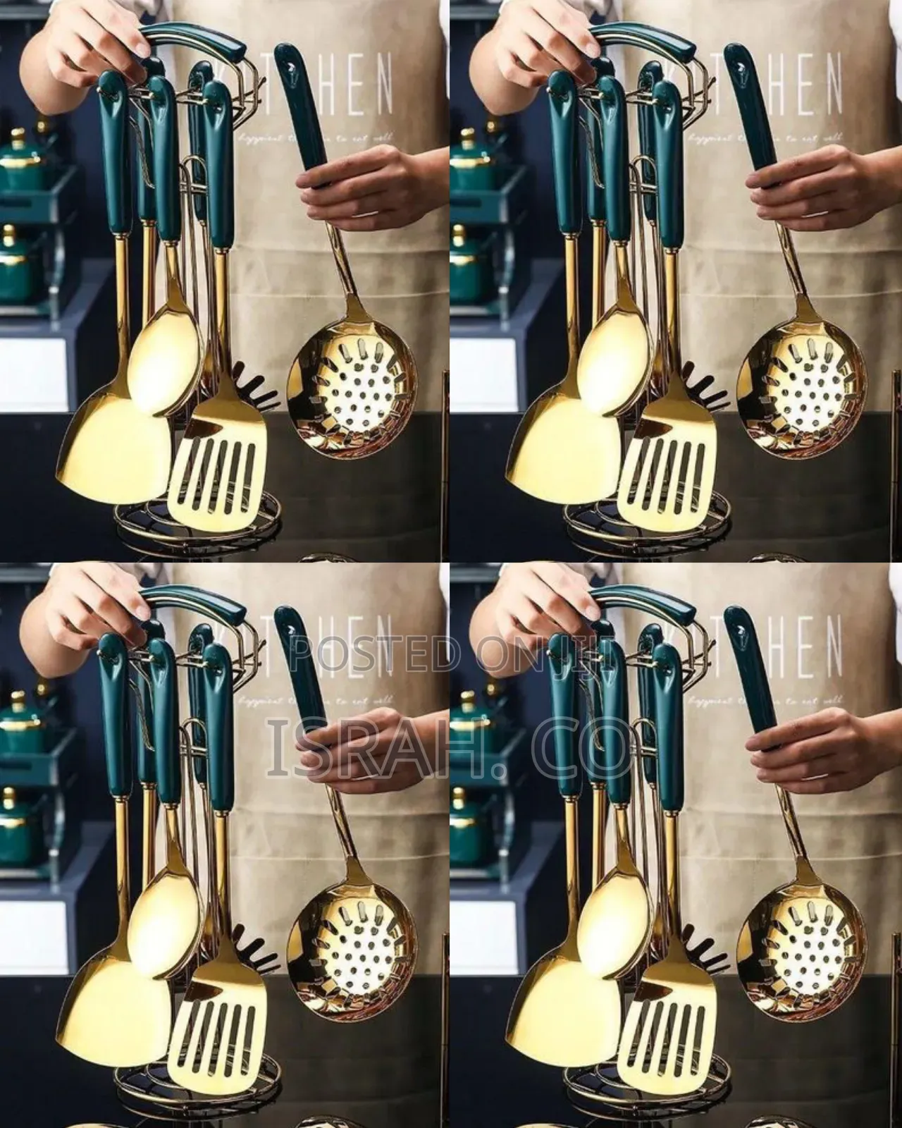 Luxury Gold-Plated Kitchen Utensil Set With Dark Green Ceramic