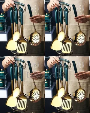 Luxury Gold-Plated Kitchen Utensil Set With Dark Green Ceramic