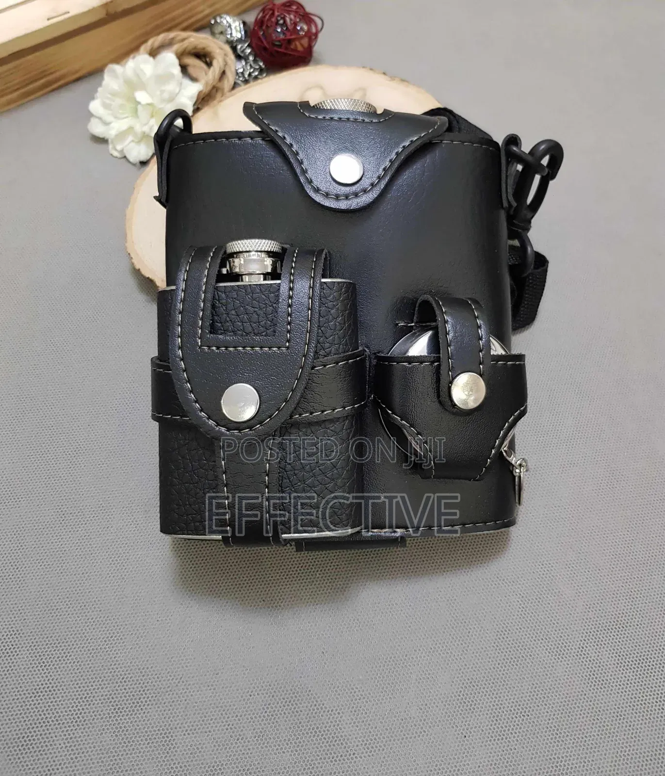 Black Leather-Wrapped Stainless Steel Hip Flask Set.