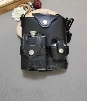 Black Leather-Wrapped Stainless Steel Hip Flask Set.