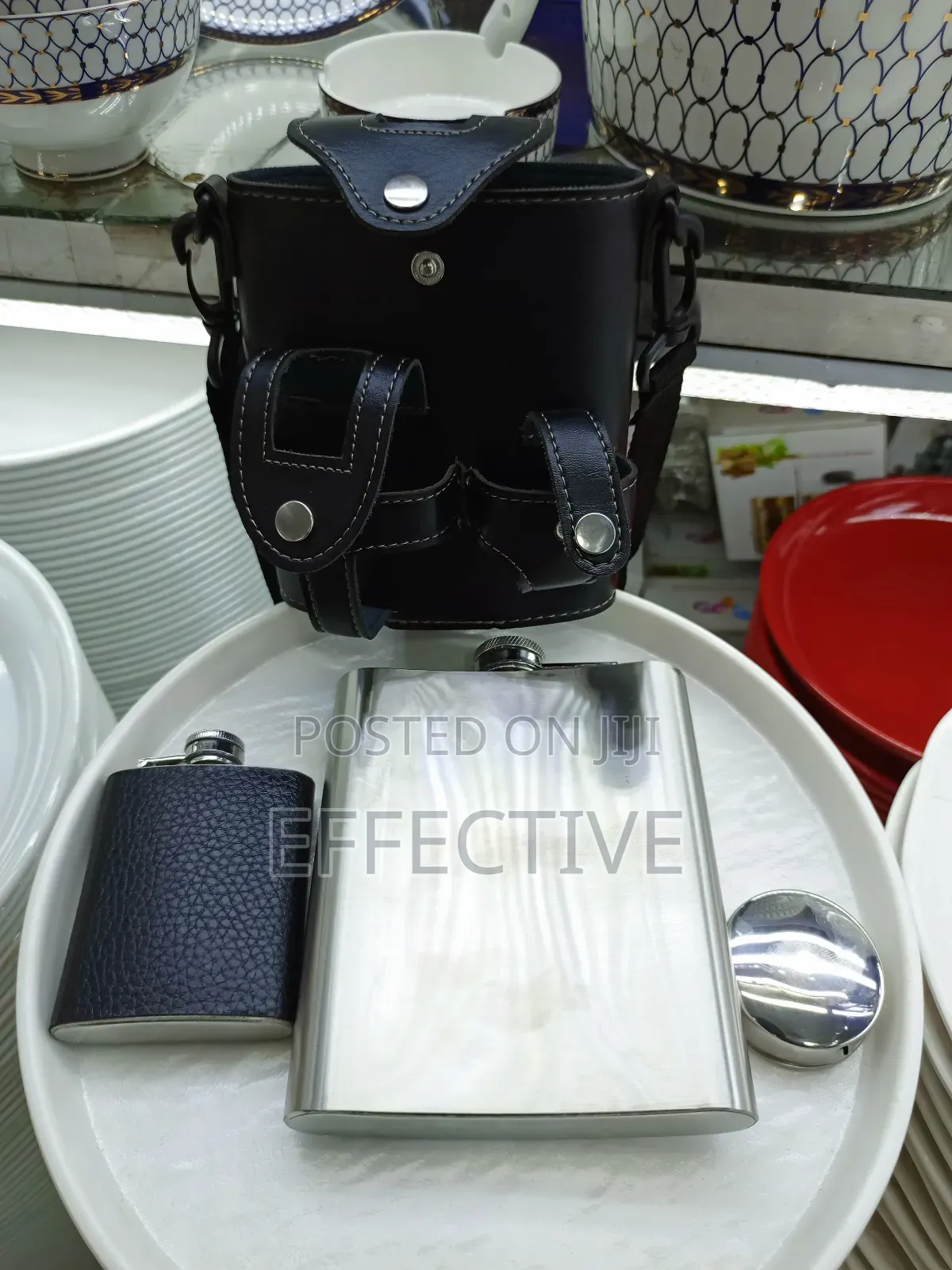 Black Leather-Wrapped Stainless Steel Hip Flask Set.