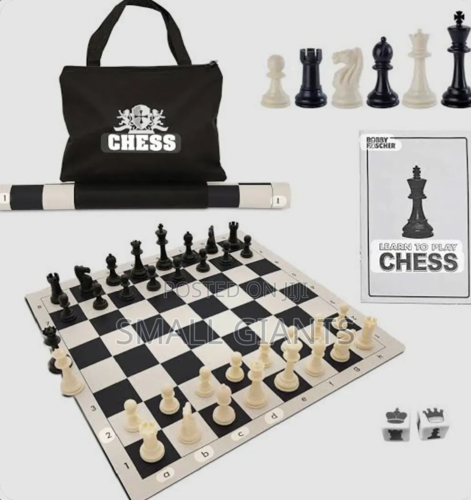 Portable Roll-Up Chess Set With Plastic Pieces.