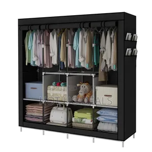 4 Column Metallic Cloth Wardrobe (Not Assembled) - Black