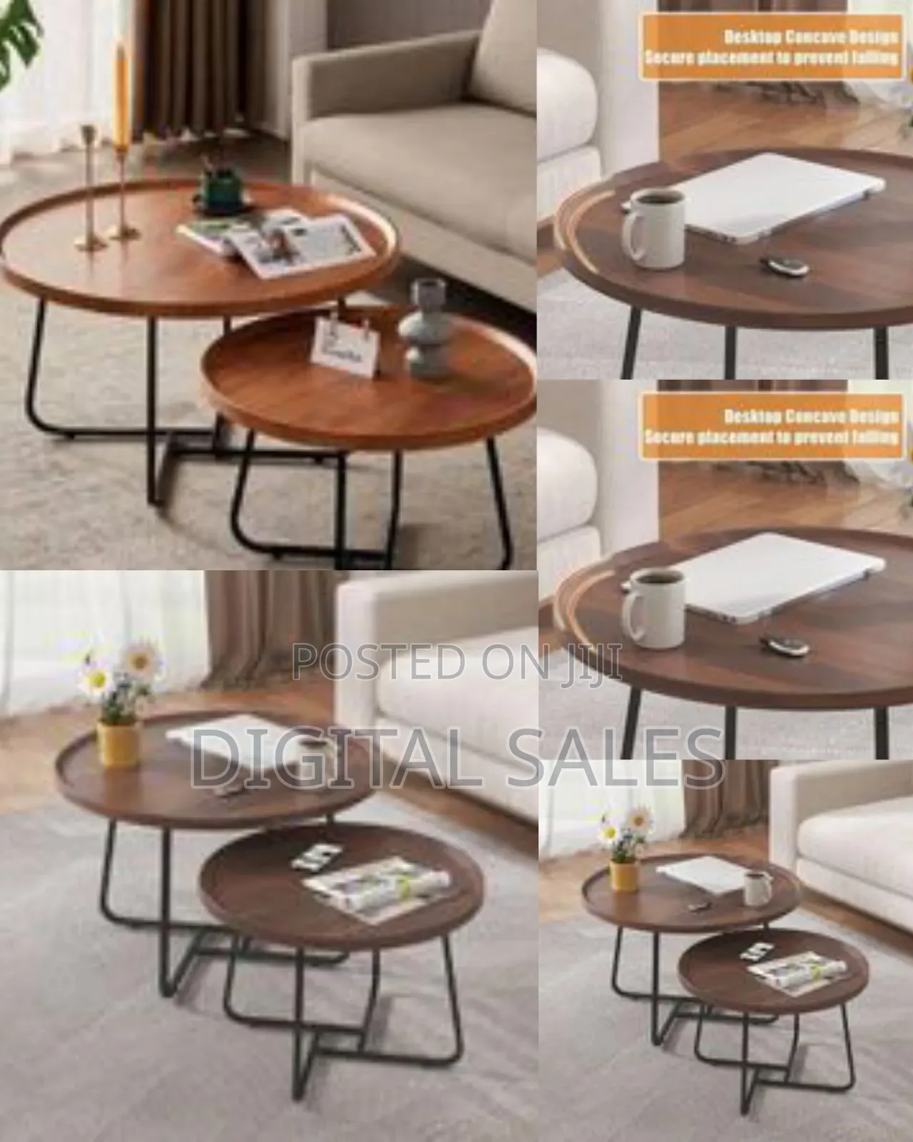 Set of 2 Modern Round Nesting Coffee Tables With Wood Grain Tops