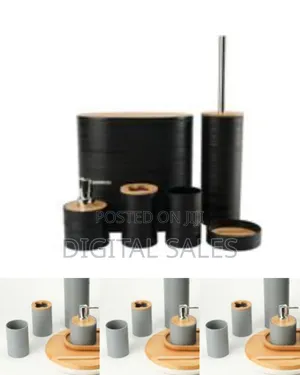 Six-Piece Modern Bathroom Accessory Set With Natural Wood Accents