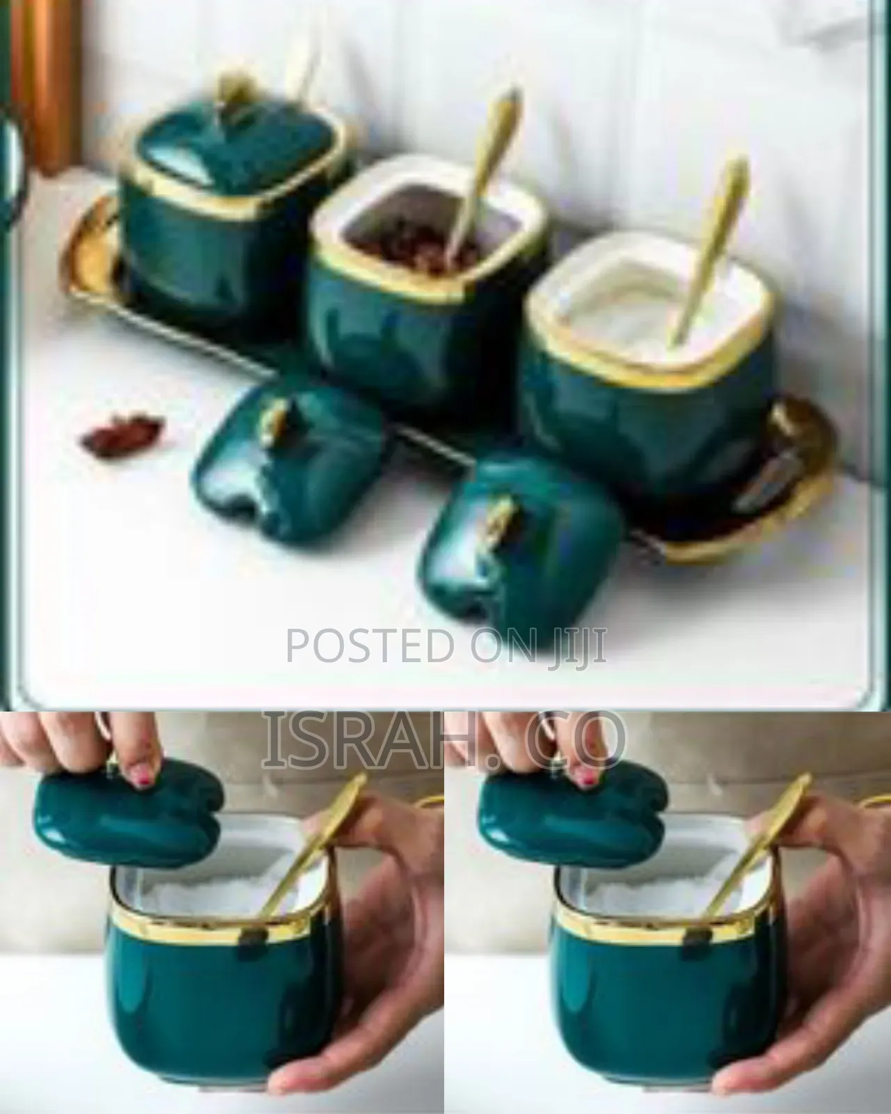 Set of Three Ceramic Condiment Jars. For Storing Sugar, Salt, Spices,