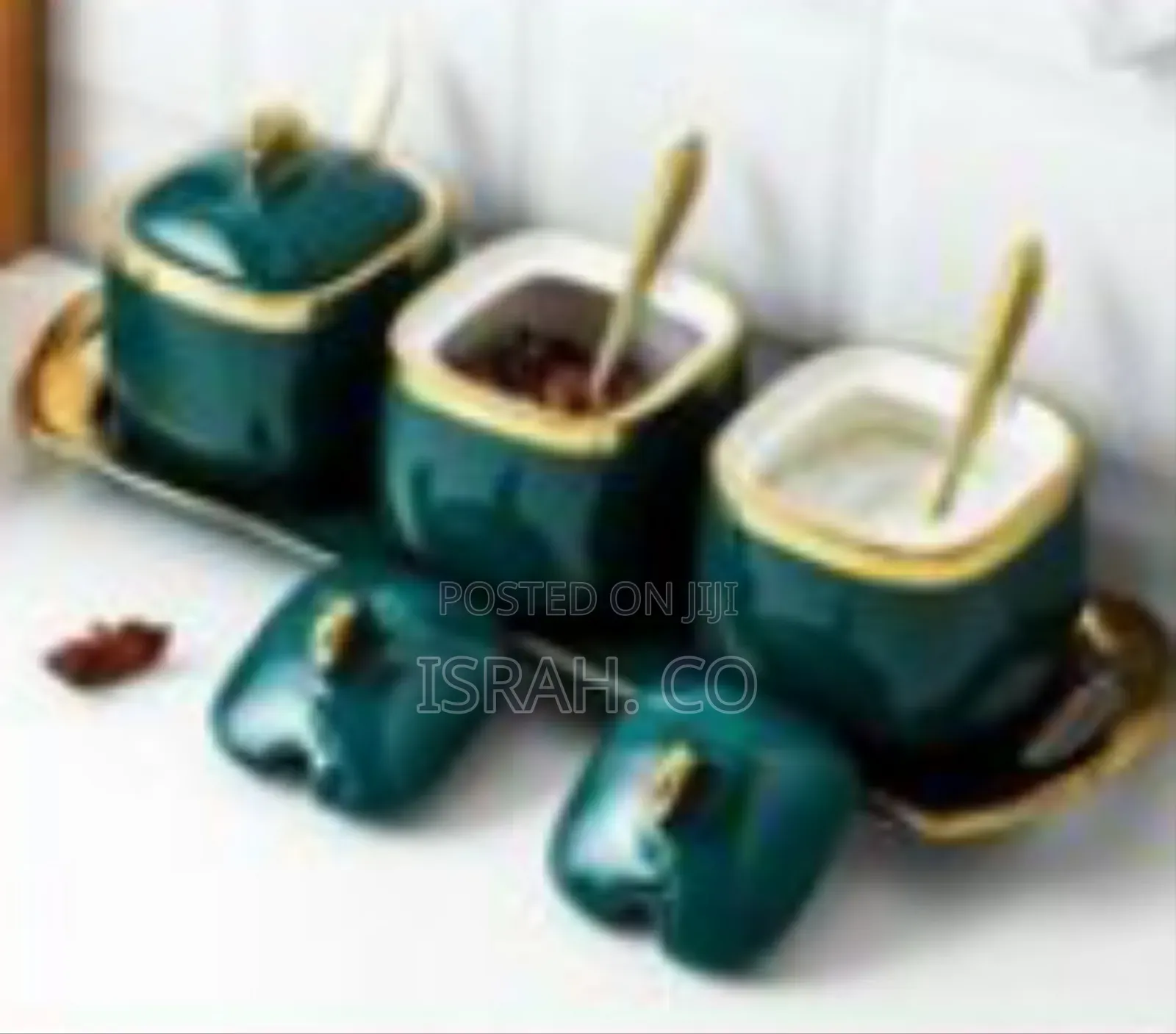 Set of Three Ceramic Condiment Jars. For Storing Sugar, Salt, Spices,