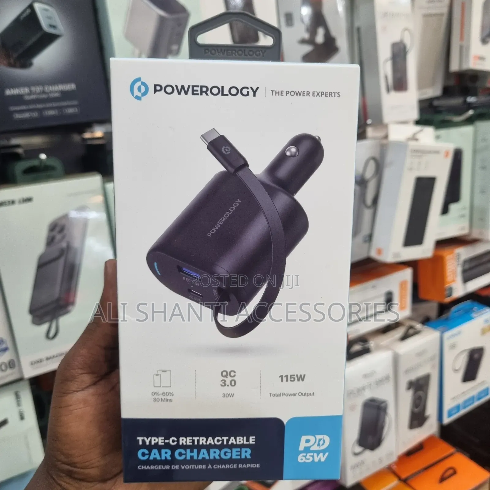 Powerology Type-C Retractable Car Charger Pd 65w