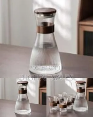 Elegant Ribbed Glass Carafe Tumbler Set With Wooden