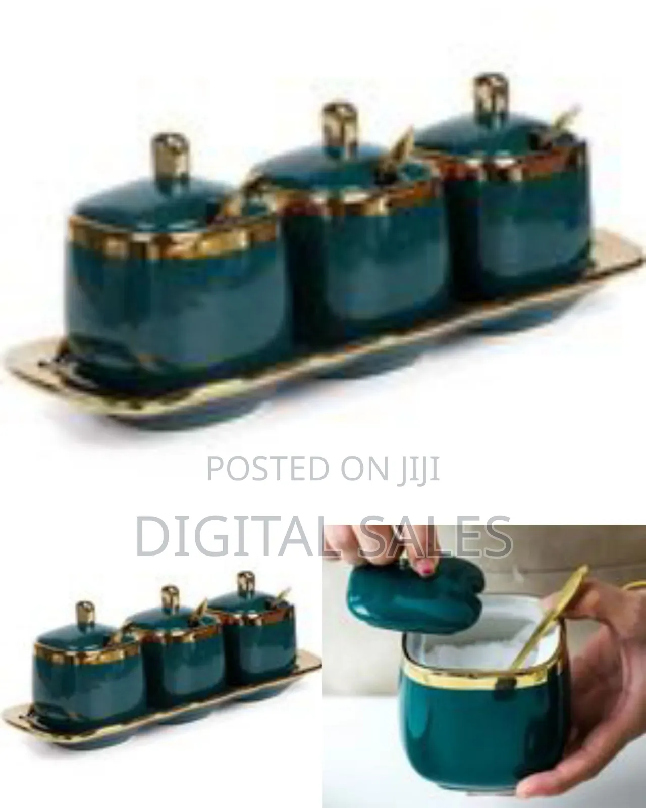 Set of Three Ceramic Condiment Jars. For Storing Sugar, Salt, Spices