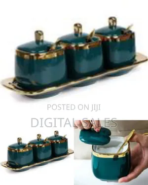 Set of Three Ceramic Condiment Jars. For Storing Sugar, Salt, Spices