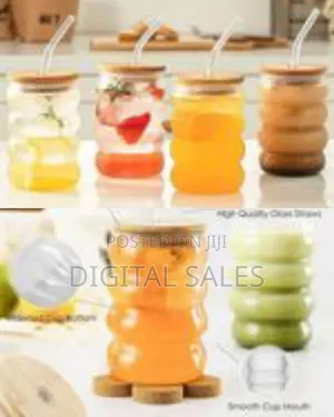 Unique Ribbed Glass Tumbler Set With Bamboo Lids, 520ml (6 Pieces)